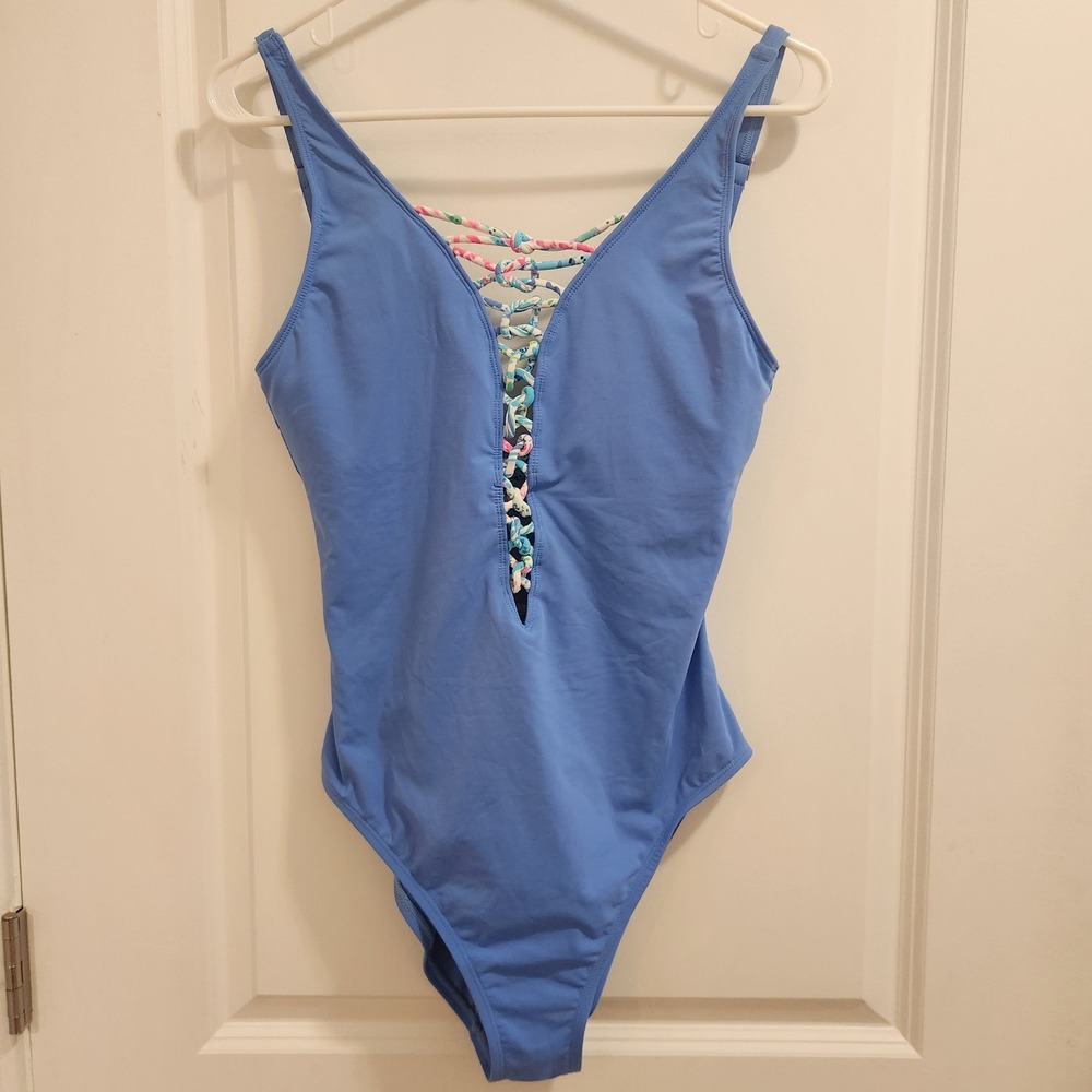 Lilly Pulitzer Isle of Lattice One Piece Swimsuit Blue Multi Strappy V-Neck 10